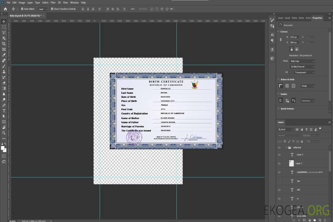 Modèle PSD de certificat de naissance de l'état civil du Cameroun template Modèle PSD de certificat de naissance de l'état civil du Cameroun template
